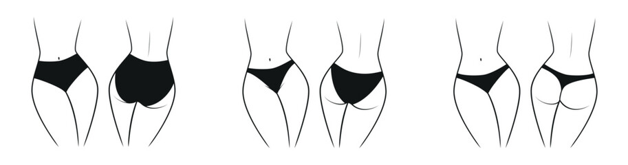 Collection of silhouettes of a female figure in a different panties - front and back view. Vector illustration isolated on white background