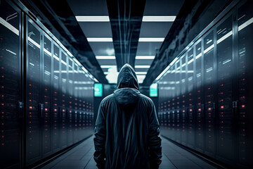 Hacker penetration tester engineer standing in front of a digital technology data center server room.