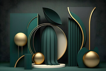 3d render abstract platforms with golden, dark green shapes and curtains. Geometric figures in modern minimal design. Realistic mock up for promotion, banners background, product show