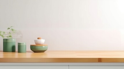 Fototapeta na wymiar Minimal cozy counter mockup design for product presentation background. Branding in Japan style with bright wood top green counter and warm white wall. Generative AI.