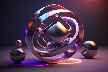 3d render, abstract geometric shape with neon light, levitating metallic ball with glowing ultraviolet rings