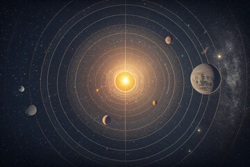 Solar system scheme, the sun with orbits of planets on the Universe star background, furnished by NASA