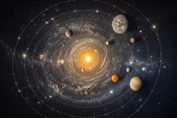 Solar system scheme, the sun with orbits of planets on the Universe star background, furnished by NASA