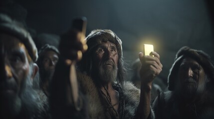 Urzeitliche Steinzeit Neandertaler machen ein Selfie mit Handy, ai generativ