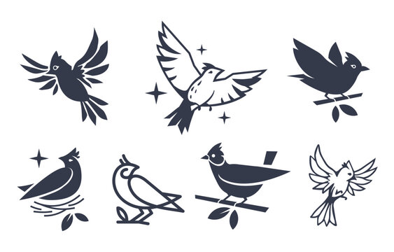 Vector set of illustration of beautiful flying and sitting on branch bird on white color background. Black and white line art flat style design of bird