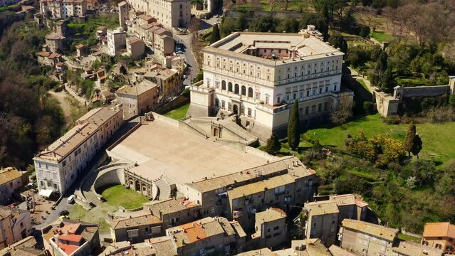 Aerial view of the Villa Farnese, a pentagonal mansion in Caprarola, near Viterbo, Italy. It is a massive Renaissance and Mannerist construction. It is built on a five-sided plan in reddish gold stone