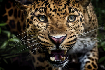 Fototapeta na wymiar leopard face angry up-close, generated AI, generated, AI