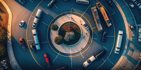 View from above of cars and trucks in a roundabout - Generative AI