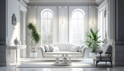 Stylish white modern living room interior with sofa, home decor. Generative AI