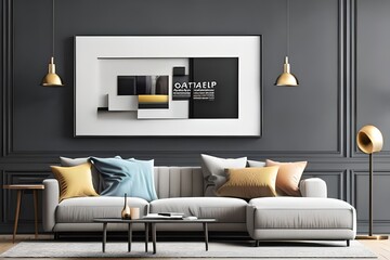 Mockup poster frame on the wall of living room. Luxurious apartment background with contemporary design. Modern interior design. 3D render, 3D illustration