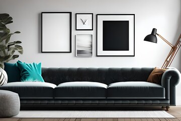 Mockup poster frame on the wall of living room. Luxurious apartment background with contemporary design. Modern interior design. 3D render, 3D illustration