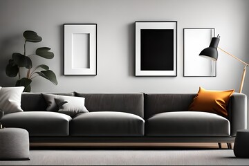 Mockup poster frame on the wall of living room. Luxurious apartment background with contemporary design. Modern interior design. 3D render, 3D illustration