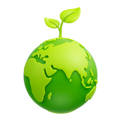 Green cartoon planet Earth with sprout and leaves 3d icon on transparent background. Earth day, ecology, nature and environment conservation concept. Save green planet concept. PNG file