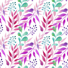 seamless pattern with watercolor leaves, illusration, sketch, green color, magenta color, purple color herbal ornament, trendy design for card, box, blank