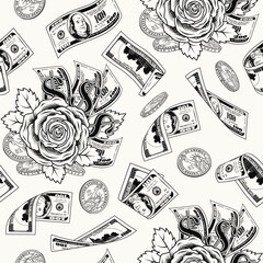 Monochrome pattern with flying, falling dollar banknotes, coins, rose made of 100 US dollar bills, dollar sign. Vintage illustration for prints, clothing, surface design White background