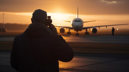 Flugzeug auf der Landebahn im Hintergrund die Abendsonne, vorne steht ein Kamerateam für Reportageaufnahmen. ai generativ - obrazy, fototapety, plakaty