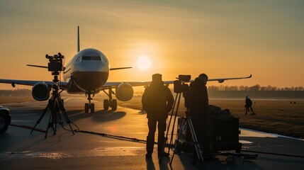 Flugzeug auf der Landebahn im Hintergrund die Abendsonne, vorne steht ein Kamerateam für Reportageaufnahmen. ai generativ - obrazy, fototapety, plakaty