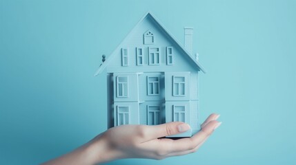 Fototapeta na wymiar Blaues Miniaturhaus in Händen symbolisch für Eigenheim, ai generativ