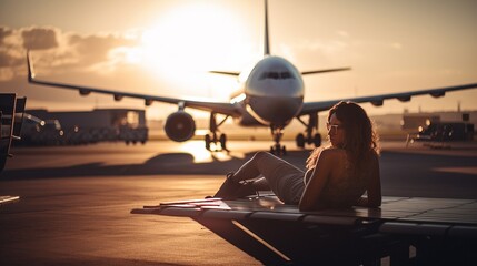 Linienflugzeug auf der Landebahn im Hintergrund die Abendsonne, Frau auf der Sonnenliege