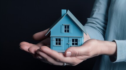 Blaues Miniaturhaus in Händen symbolisch für Eigenheim, ai generativ