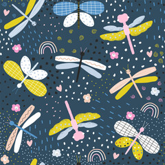 Seamless pattern with dragonflies, flowers, doodle elements. Childish summer print. Vector hand drawn illustration. - obrazy, fototapety, plakaty