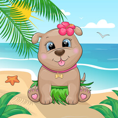 Obraz na płótnie Canvas Cute cartoon Hawaiian dog on the beach. Summer vector illustration with sea, palm trees and sun.