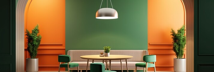 Contemporary Rustic Charm  Wooden Table and Vibrant Walls in Dining Space, Generative AI