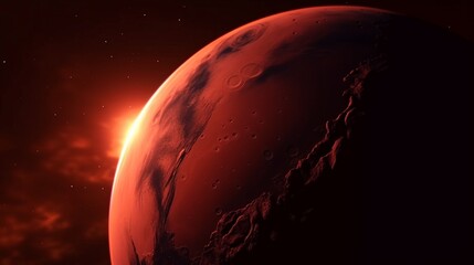 Roter Planet mit Sonnenaufgang am Horizont im All, ai generativ