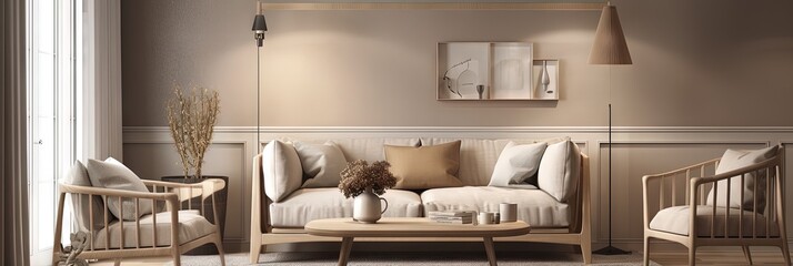 Cozy Living Room with Beige Armchair and Wall Poster Mockup for Home Design, Generative AI