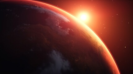 Naklejka premium Rote Erde Planet mit Sonnenaufgang aus Sicht im All, ai generativ