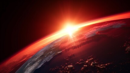 Rote Erde Planet mit Sonnenaufgang aus Sicht im All, ai generativ
