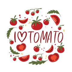 The inscription i love tomato. A collection of different types of tomato. Ingredients for cooking. Vegan print. Vector hand-drawn illustration. Frame with fruits. Vector illustration