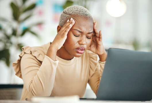 Office headache, laptop or black woman tired of computer error, database crash or mental health stress. Mistake, 404 glitch or sad female accountant with migraine, pain or burnout problem