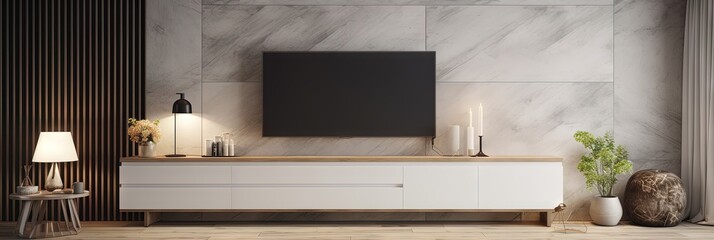 Contemporary Living  White Sideboard  Granite Wall   TV Screen, Generative AI