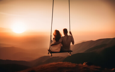 Happy couple sitting on a swing overlooking a beautiful landscape with mountains and valleys in soft evening light at sunset. Illustrative Generative Ai. Not real people.