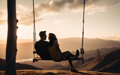 Happy couple sitting on a swing overlooking a beautiful landscape with mountains and valleys in soft evening light at sunset. Illustrative Generative Ai. Not real people.