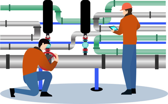 pipe industry worker vector illustration, Oil gas workers, Pipeline repairman flat vector illustration, workers in special clothing and helmet, Petroleum engineers control operation of fuels pipe
