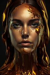 Portrait of woman with liquid gold on her skin. Generative AI