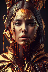Liquid gold covers woman's face in stunning portrait. Generative AI