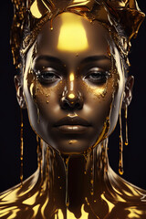 Portrait of woman with gold dripping down her face and neck. Generative AI