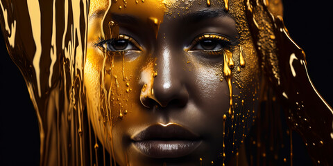 Close-up of woman with dripping gold on her skin. Close-up of woman with dripping gold on her skin. Generative AI