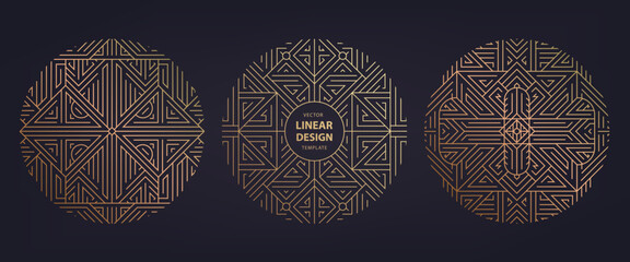 Vector set of art deco frames, adges, abstract geometric design templates for luxury products. Linear ornament compositions, vintage. Use for packaging, branding, decoration, etc. Golden circles