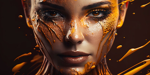 Close-up of woman covered in liquid with honeycomb background. Generative AI