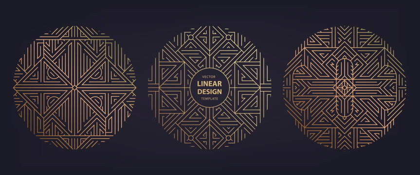 Vector set of art deco frames, adges, abstract geometric design templates for luxury products. Linear ornament compositions, vintage. Use for packaging, branding, decoration, etc. Golden circles