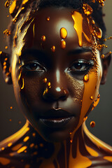 Honeycomb background with liquid-drenched woman in close-up. Generative AI