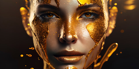 Close-up portrait of woman with painted face and golden liquid. Generative AI