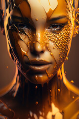 Woman with painted face and golden fluid in close-up. Generative AI