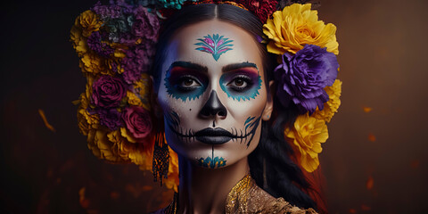 Vivid-color background with beautiful Day of the Dead woman. Generative AI