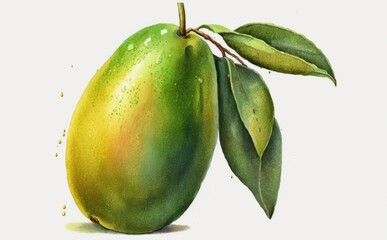 Drawn green mango on white background watercolor tropical exotic fruit organic food illustrations Generative AI