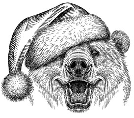 Vintage engrave isolated black bear set dressed christmas illustration ink santa costume sketch. American grizzly background asian animal silhouette new year hat art